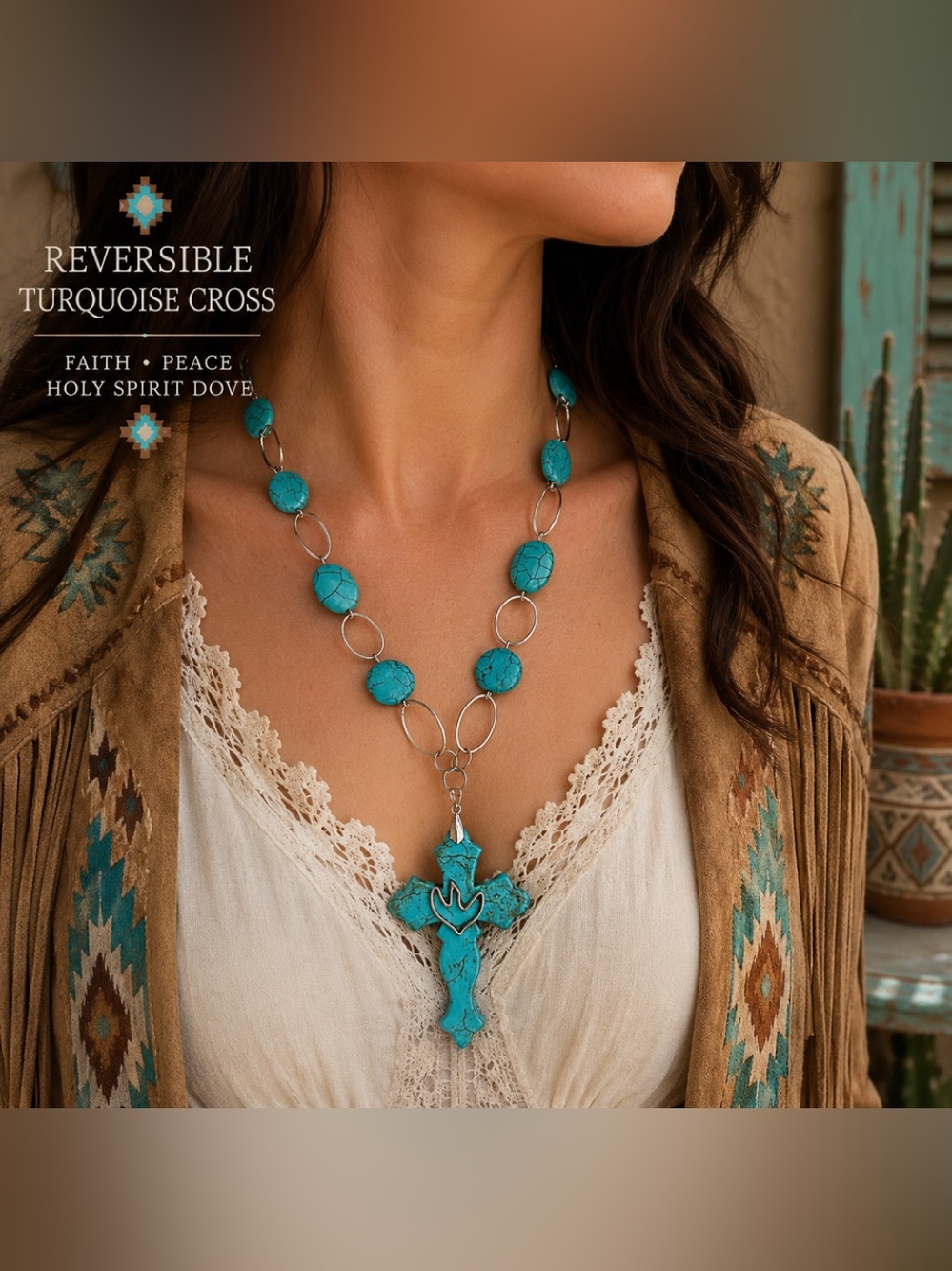 Reversible Faux Turquoise Cross Holy Spirit Dove Necklace Southwestern Boho